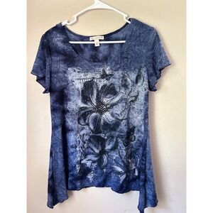 Y2K  Blue Floral Butterfly Rhinestone Embellished Top Size M Fairycore Boho